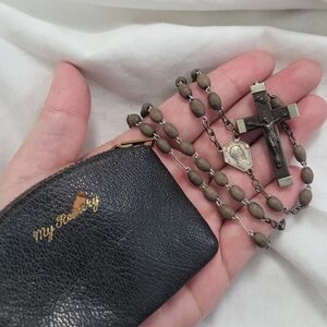 Antique French Rosary Wood Prayer Beads Silver Crucifix Marked France With Bag